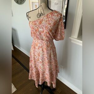 LAUNDRY BY SHELLI SEGAL Floral One Shoulder Midi Coral Dress Size 6 BRAND NEW